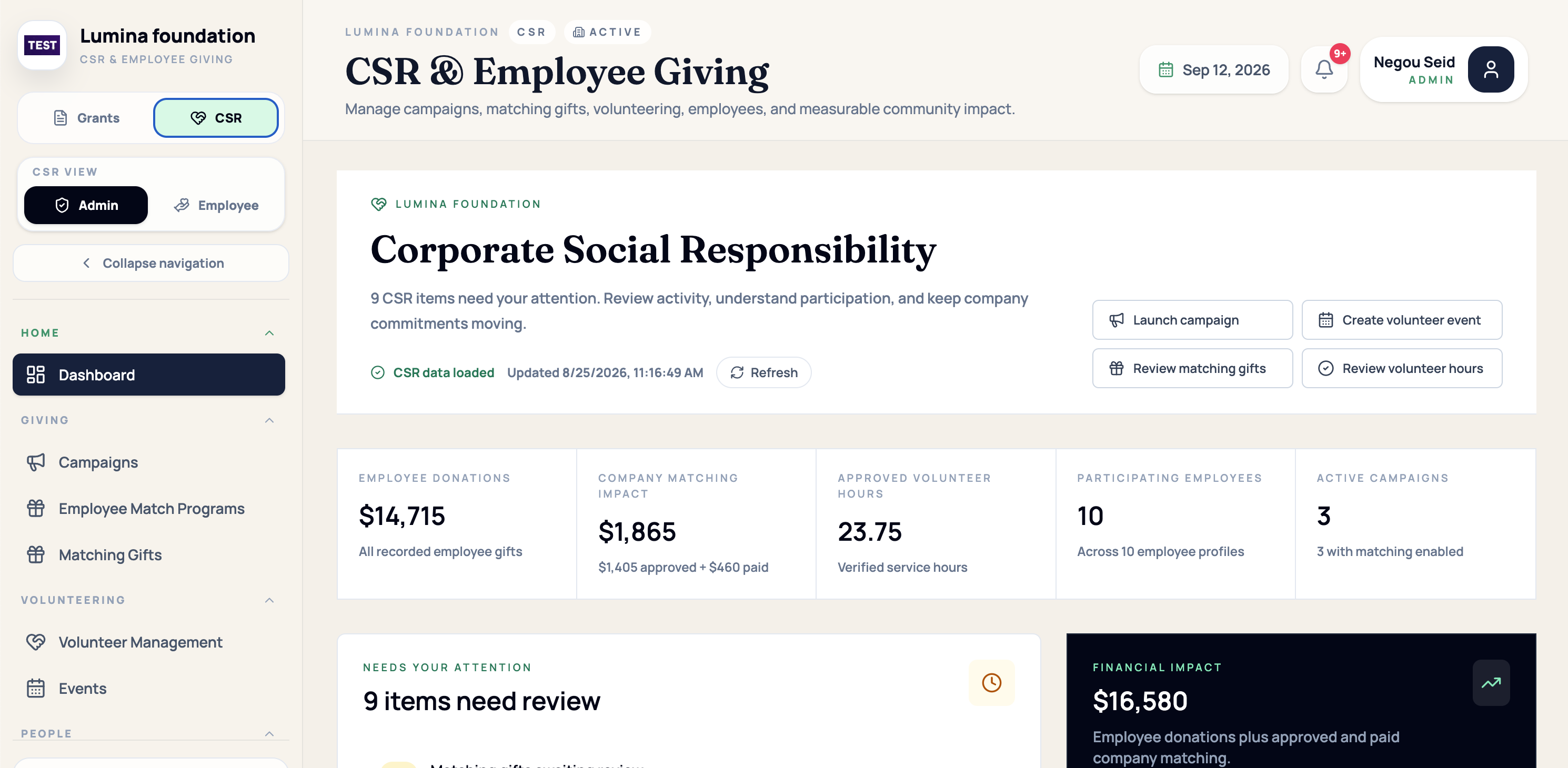 FoundationOS corporate social responsibility dashboard showing employee donations, company matching, volunteer hours, participation, campaigns, and review actions