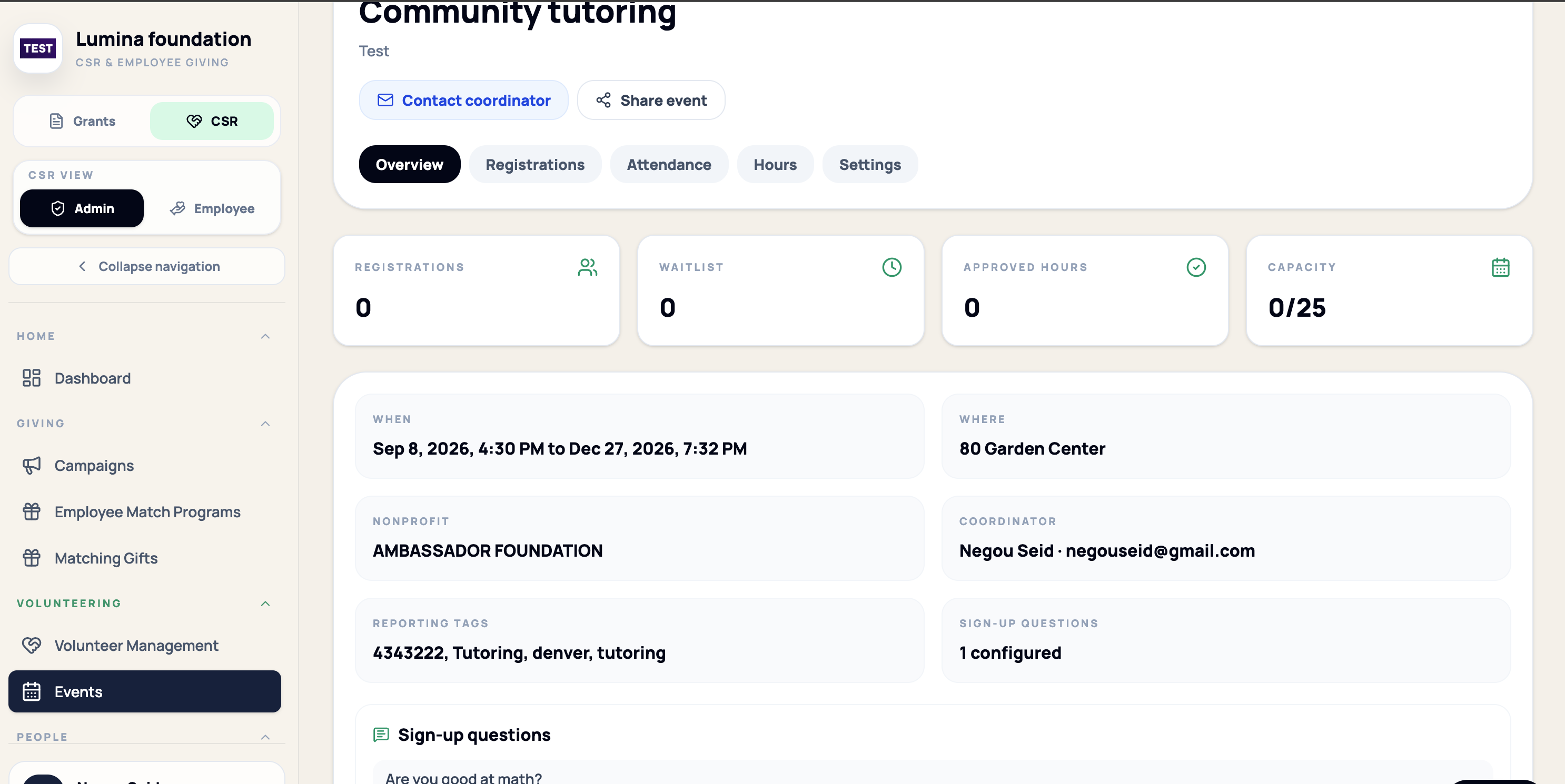 FoundationOS volunteer event workspace showing registrations, waitlist, approved hours, capacity, event details, nonprofit, reporting tags, and sign-up questions