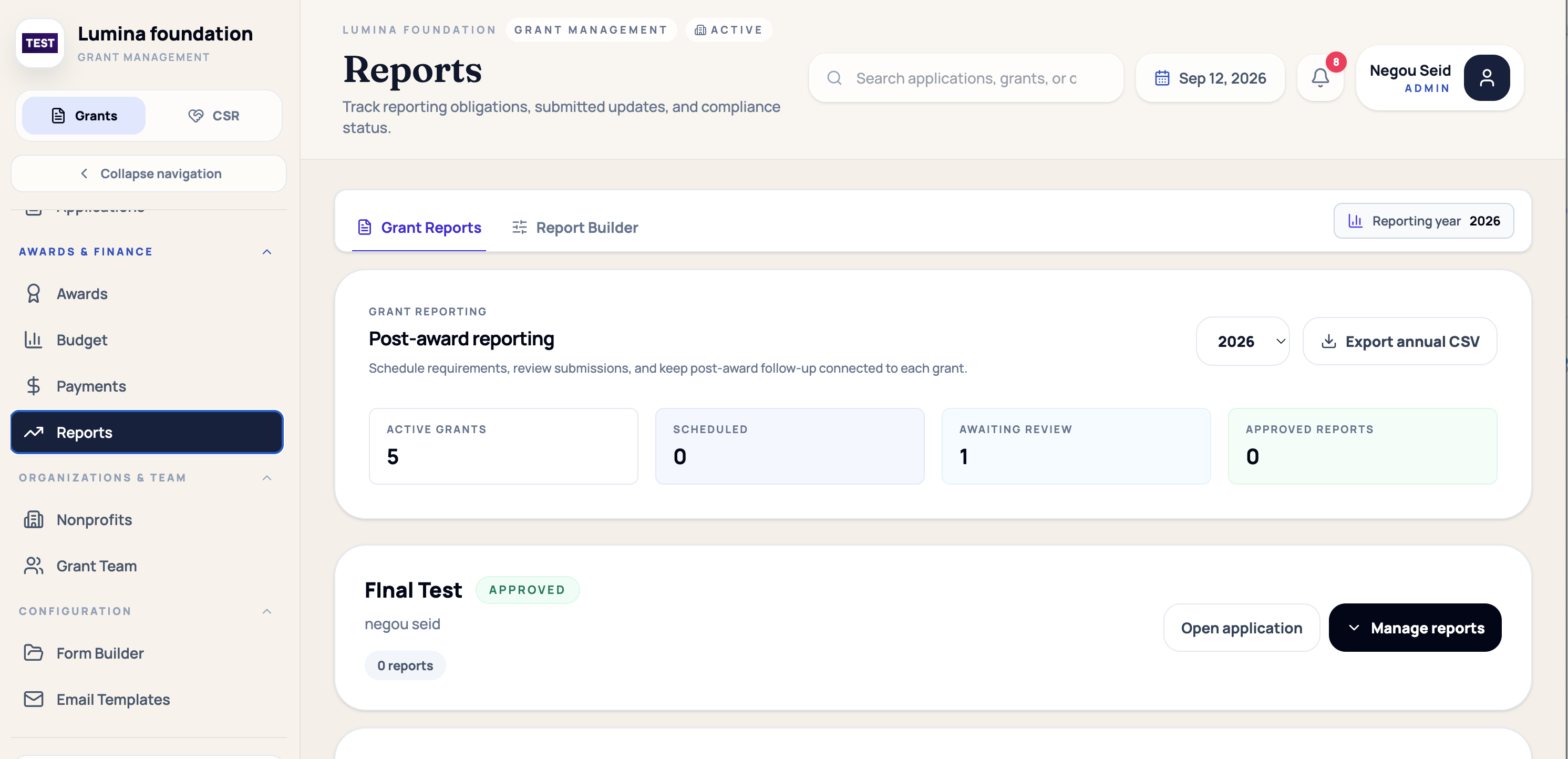 FoundationOS grant reporting workspace showing active grants, scheduled reports, reports awaiting review, approved reports, report management, and CSV export