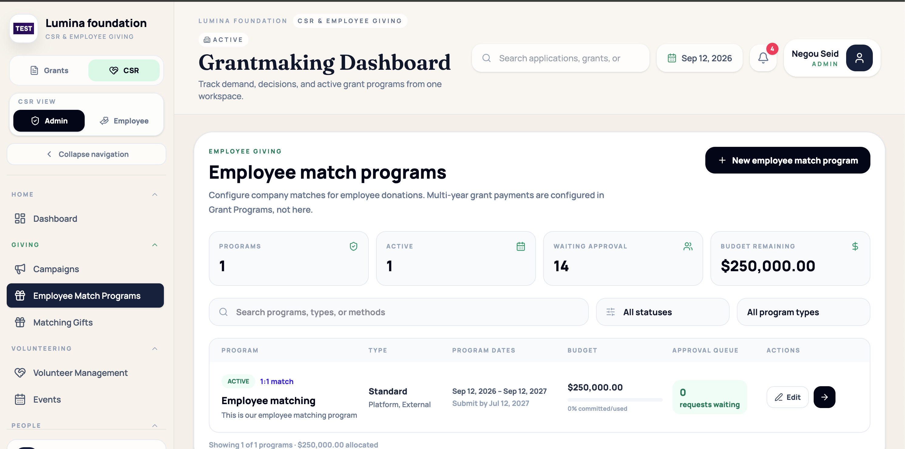 FoundationOS employee matching program workspace showing active programs, approval volume, remaining budget, match ratio, dates, submission deadline, and controls